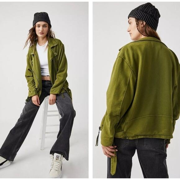 Free People Tops - Free People L XL Rebel oversized moto jacket Olive Sparrow Green